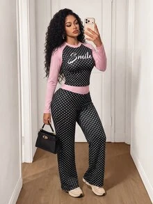 Mistrie Women's Autumn Winter 2 Pieces Set, Round Neck Polka Dot Print, Latin Sport Style Slim Flared Pants, For Commuting, Dates & Home Wear - Multicolor - View 2
