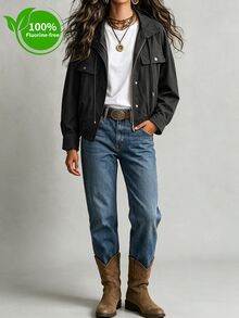 Ceyna Women's Plus Size Vintage Western Casual Baggy Utility Style Short Jacket High Stand Collar Multiple Button Closure Flap Pocket Loose Fit Black Fall - Black - View 5