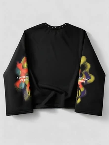 ROMWE Street Life Plus Size Women's Letter & Silhouette Print Casual Everyday Long Sleeve T-Shirt - Black - View 2