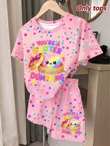 Young Girl Casual Minimalist Cute Fun Squeeze Bun Pattern, Glitter, Rhinestone Bun, Tie-Dye, Round Neck Short Sleeve T-Shirt Suitable For Summer Kawaii,Graphic,Going Out Tops,Chic,Easy Comfort - Multicolor - View 2