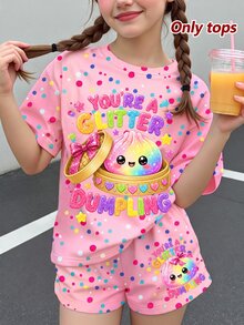 Young Girl Casual Minimalist Cute Fun Squeeze Bun Pattern, Glitter, Rhinestone Bun, Tie-Dye, Round Neck Short Sleeve T-Shirt Suitable For Summer Kawaii,Graphic,Going Out Tops,Chic,Easy Comfort - Multicolor - View 1