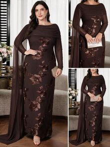 SHEIN Clasi Plus Size Women's Jacquard Fashion Long Party Dinner Formal Dress Brown Summer Elegant New Year Christmas - Brown - View 1