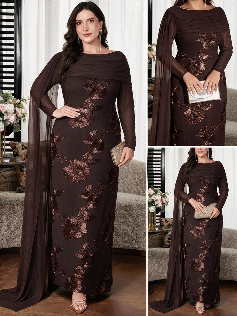 SHEIN Clasi Plus Size Women's Jacquard Fashion Long Party Dinner Formal Dress Brown Summer Elegant New Year Christmas - Brown - View 1