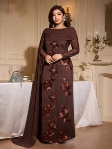 SHEIN Clasi Plus Size Women's Jacquard Fashion Long Party Dinner Formal Dress Brown Summer Elegant New Year Christmas - Brown - View 7