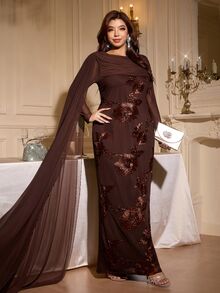 SHEIN Clasi Plus Size Women's Jacquard Fashion Long Party Dinner Formal Dress Brown Summer Elegant New Year Christmas - Brown - View 6