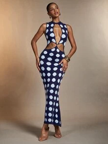 Hauture Polka Dot Jacquard Cutout Sexy Knit Dress, Suitable For Holiday Parties And Dinner Dates - Royal Blue - View 5
