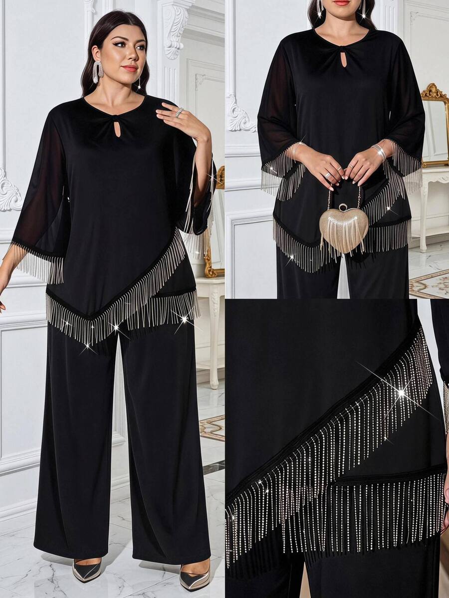 Reflora Plus Size Women Tassel Design Top And Long Pants Casual Elegant Daily 2 Pieces Set New Year Cocktail Formal Party Wedding Black Fall - Black - View 1