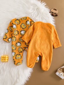 GARFIELD | SHEIN 新生兒嬰兒卡通印花休閒日常居家連身長褲睡衣 - 黃色 - 查看 2