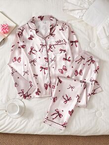 SHEIN 2件組青少年女孩翻領長袖上衣與長褲淺粉紫色蝴蝶結印花秋冬睡衣，絲滑緞面質感優雅節日居家服 - 彩色 - 查看 3