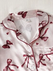 SHEIN 2件組青少年女孩翻領長袖上衣與長褲淺粉紫色蝴蝶結印花秋冬睡衣，絲滑緞面質感優雅節日居家服 - 彩色 - 查看 11