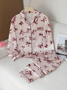 SHEIN 2件組青少年女孩翻領長袖上衣與長褲淺粉紫色蝴蝶結印花秋冬睡衣，絲滑緞面質感優雅節日居家服 - 彩色 - 查看 8