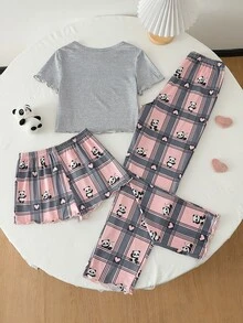 3pcs Tween Girl Koala Print Round Neck Short Sleeve Top, Plaid Elastic Waist Shorts/Pants Casual Pajama Set - Multicolor - View 2