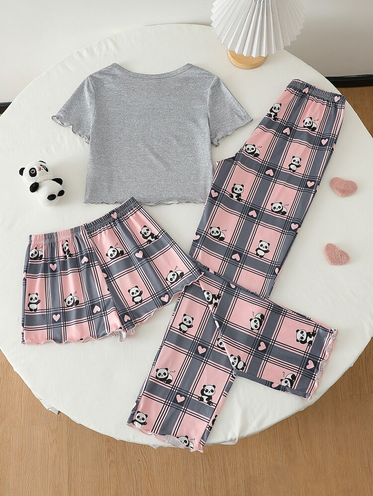 3pcs Tween Girl Koala Print Round Neck Short Sleeve Top, Plaid Elastic Waist Shorts/Pants Casual Pajama Set - Multicolor - View 2