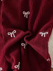 SHEIN Baby Girl 0-3 Years Spring/Autumn Heart Print Corduroy Jumpsuit, Casual Style, Plush Rabbit And 3D Bow Decoration On Chest, Suitable For Daily Wear - Burgundy - View 7