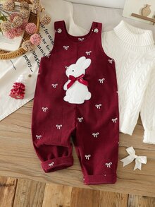 SHEIN Baby Girl 0-3 Years Spring/Autumn Heart Print Corduroy Jumpsuit, Casual Style, Plush Rabbit And 3D Bow Decoration On Chest, Suitable For Daily Wear - Burgundy - View 3