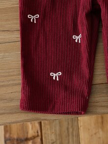 SHEIN Baby Girl 0-3 Years Spring/Autumn Heart Print Corduroy Jumpsuit, Casual Style, Plush Rabbit And 3D Bow Decoration On Chest, Suitable For Daily Wear - Burgundy - View 8