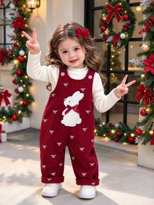 SHEIN Baby Girl 0-3 Years Spring/Autumn Heart Print Corduroy Jumpsuit, Casual Style, Plush Rabbit And 3D Bow Decoration On Chest, Suitable For Daily Wear - Burgundy - View 1
