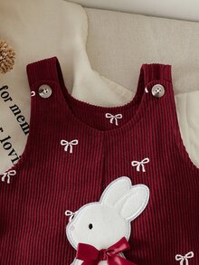 SHEIN Baby Girl 0-3 Years Spring/Autumn Heart Print Corduroy Jumpsuit, Casual Style, Plush Rabbit And 3D Bow Decoration On Chest, Suitable For Daily Wear - Burgundy - View 6