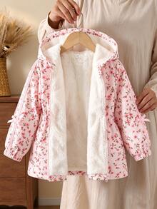 SHEIN Young Girls Pink Fleece Lined Hooded Long Sleeve Regular Loose Bow Coat With Pockets Buttons, Cute Fall Winter Western - Pink - View 5