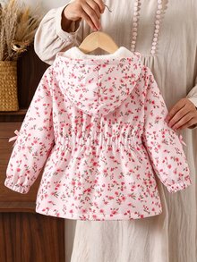 SHEIN Young Girls Pink Fleece Lined Hooded Long Sleeve Regular Loose Bow Coat With Pockets Buttons, Cute Fall Winter Western - Pink - View 3