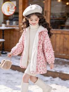 SHEIN Young Girls Pink Fleece Lined Hooded Long Sleeve Regular Loose Bow Coat With Pockets Buttons, Cute Fall Winter Western - Pink - View 4