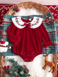 SHEIN 2件組女嬰連身衣連身褲，甜美紅色刺繡蝴蝶結天鵝絨長袖圓領加厚款，聖誕派對冬季聖誕套頭連身衣，節日穿搭 - 彩色 - 查看 2
