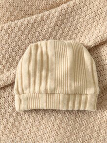 SHEIN Newborn Baby Jumpsuit Hat Set Cute Beige Cream Ribbed Knit Long Sleeve Round Neck Regular Fit Patch Cozy Holiday Daily Infant Toddler Fall Winter - Apricot - View 6