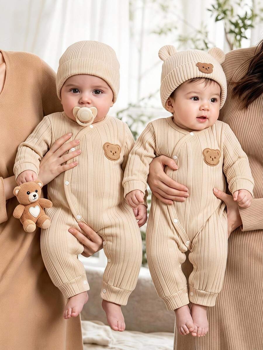 SHEIN Newborn Baby Jumpsuit Hat Set Cute Beige Cream Ribbed Knit Long Sleeve Round Neck Regular Fit Patch Cozy Holiday Daily Infant Toddler Fall Winter - Apricot - View 1