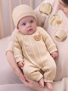 SHEIN Newborn Baby Jumpsuit Hat Set Cute Beige Cream Ribbed Knit Long Sleeve Round Neck Regular Fit Patch Cozy Holiday Daily Infant Toddler Fall Winter - Apricot - View 7