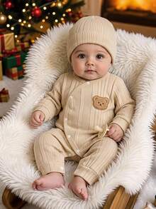 SHEIN Newborn Baby Jumpsuit Hat Set Cute Beige Cream Ribbed Knit Long Sleeve Round Neck Regular Fit Patch Cozy Holiday Daily Infant Toddler Fall Winter - Apricot - View 4