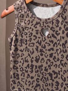SHEIN Young Girls Leopard Print Heart Cut Out Tank Top, Rib-Knit Sleeveless Cami, Cute Brown Summer Casual Slim Fit Crop Vest - Multicolor - View 4