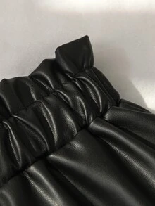 SHEIN Girls' Lotus Bud Elastic Waist Faux PU Leather Matte Black Loose A-Line Shorts Fall - Black - View 7
