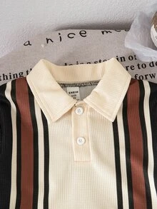 2件組男童幼兒條紋 Polo 衫與長褲套裝，秋冬長袖學院風小男孩套裝 - 黑色 - 查看 4