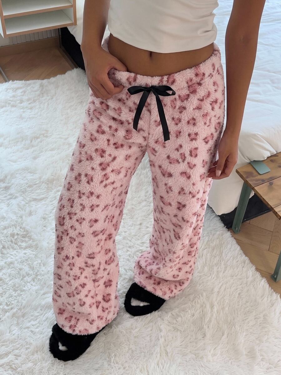 SHEIN EZwear Women's All-Over Print Casual Cute Versatile Daily Wear Long Pants Lounge Pink Leopard Print Fall - Pink - View 1