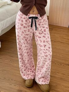 SHEIN EZwear Women's All-Over Print Casual Cute Versatile Daily Wear Long Pants Lounge Pink Leopard Print Fall - Pink - View 7