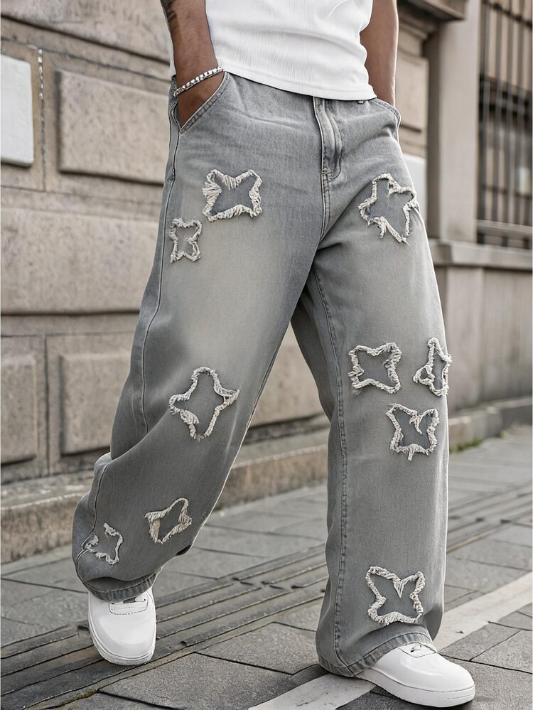 GALLERY FADE Men's Casual Streetwear Wide Leg Denim Pants With Star Patch And Frayed Hem Birthday Holiday Fall And Winter For Holiday Gifts Thanksgiving Christmas - Light Wash - View 3