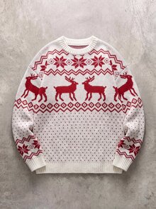 Manfinity Homme Men's Crew Neck Long Sleeve Pullover Sweater, Casual Jacquard Knit Autumn/Winter Clothing, Christmas Fair Isle Dropped Shoulder Versatile Deer & Snowflake Pattern Pullover Sweater - Beige - View 5