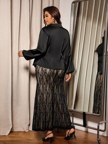 Elaquor Plus Size Women Solid Color Side Knot Blouse And Lace Mermaid Skirt Elegant Sexy 2 Pieces Set New Year Party Night Black Beige - Black - View 2