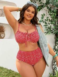 SHEIN Swim Plus Size Women's Sweet & Cute Minimalist Beach Vacation Casual Random Ditsy Floral Ruffled Underwire Adjustable Strap 2-Piece Swimwear Set - Red - View 6