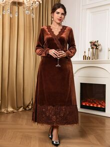 Miaspire Plus Size Women's Autumn/Winter Casual Elegant Thanksgiving Christmas Brown Lace Patchwork Velvet Dress Party Formal Evening,Fall,Wedding Guest Dress - Brown - View 6