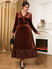 Miaspire Plus Size Women's Autumn/Winter Casual Elegant Thanksgiving Christmas Brown Lace Patchwork Velvet Dress Party Formal Evening,Fall,Wedding Guest Dress - Brown - View 5