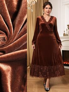 Miaspire Plus Size Women's Autumn/Winter Casual Elegant Thanksgiving Christmas Brown Lace Patchwork Velvet Dress Party Formal Evening,Fall,Wedding Guest Dress - Brown - View 2
