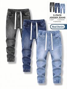 SHEIN 3pcs/Set Tween Boys Black Grey, Dark Blue, Light Blue Multi-Color Casual Sports Pants, Comfortable Elastic Waist Denim Fabric Pants With Drawstring Design, Suitable For School Daily Wear - Multicolor - View 5