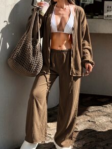 SHEIN Swim 女款春夏長袖前綁帶休閒熱帶度假沙灘兩件式罩衫套裝 深棕色 - 棕色 - 查看 3