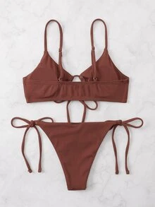 SHEIN Swim Summer Beach Plain Rib Tie Front Bra & Tie Side Swim Bottom Bikini Bathing Suit - Redwood - View 2