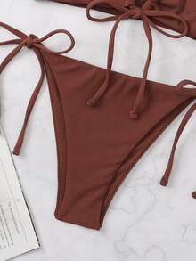 SHEIN Swim Summer Beach Plain Rib Tie Front Bra & Tie Side Swim Bottom Bikini Bathing Suit - Redwood - View 4
