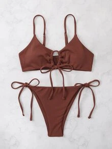 SHEIN Swim Summer Beach Plain Rib Tie Front Bra & Tie Side Swim Bottom Bikini Bathing Suit - Redwood - View 6