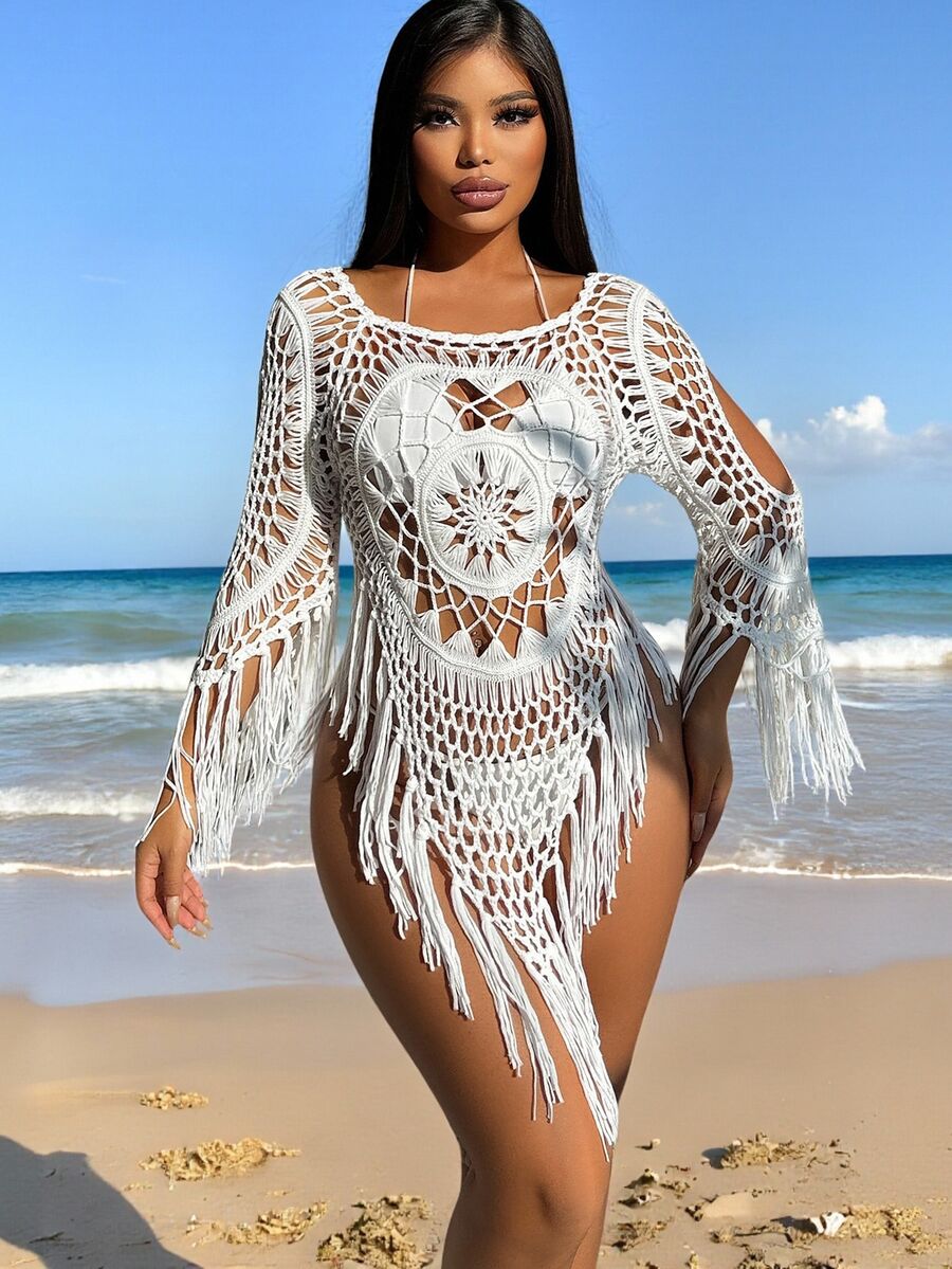 SHEIN Swim فستان شاطئ للنساء مُحبوك بتصميم متطاير الأكتاف وفتحات، أسلوب ربيعي وكورتي - أبيض - مشاهدة 1