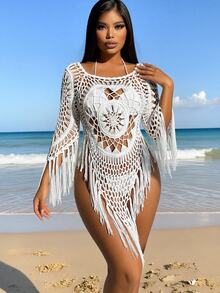 SHEIN Swim فستان شاطئ للنساء مُحبوك بتصميم متطاير الأكتاف وفتحات، أسلوب ربيعي وكورتي - أبيض - مشاهدة 6