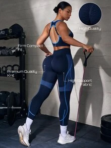 Solea Cove Solea Cove 2pcs Women's High-Intensity Sports Bra & Leggings Set, Yoga Fitness Outfit, Contrast Color Two Pieces Set - Blue - View 8